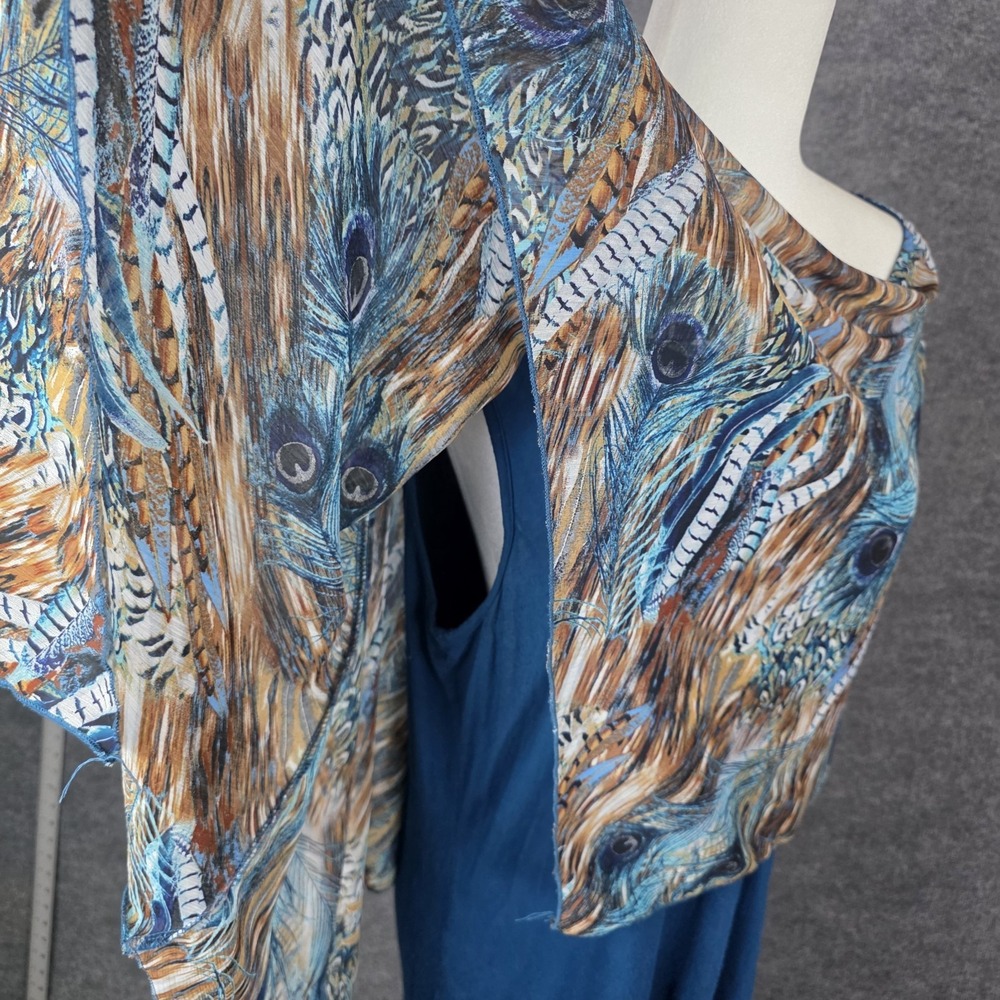 Cha Cha Vente Womens 1X (XXL) Peacock Top Teal Feathers Flowy Drape Arm Coverage - Picture 7 of 12